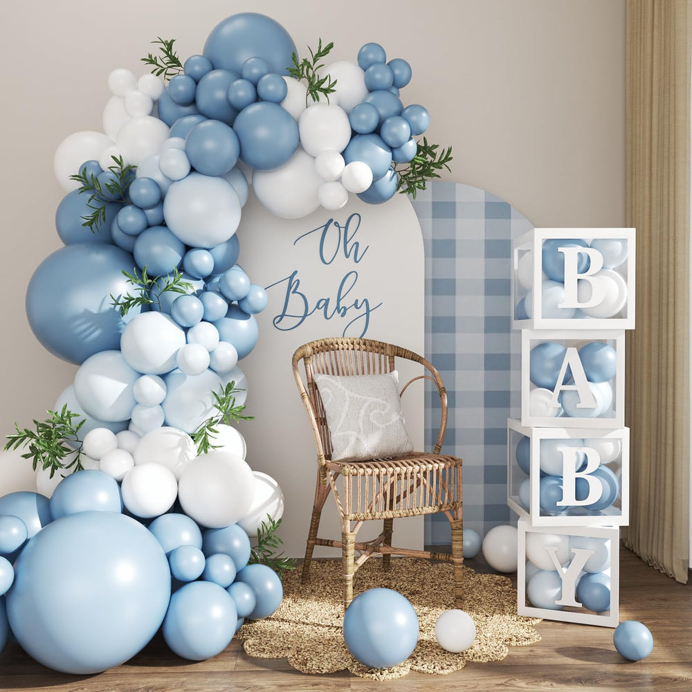 CROSSFINGERS dusty blue balloon arch kit creates a stunning baby shower backdrop with easy setup.