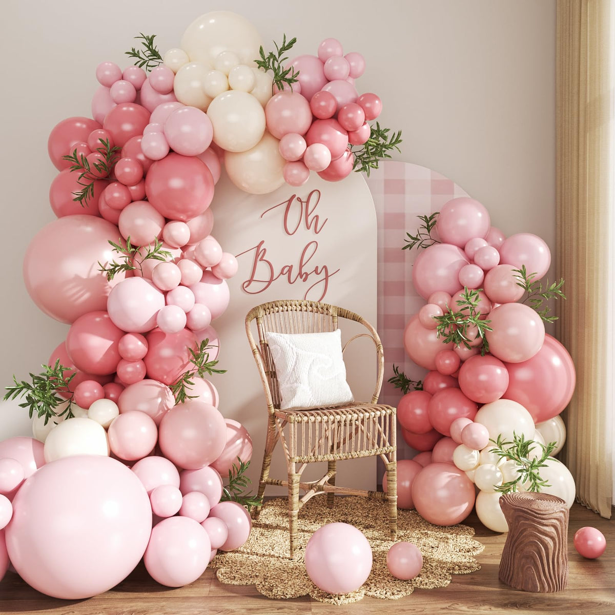 CROSSFINGERS dusty pink balloon arch kit setup for stylish baby showers