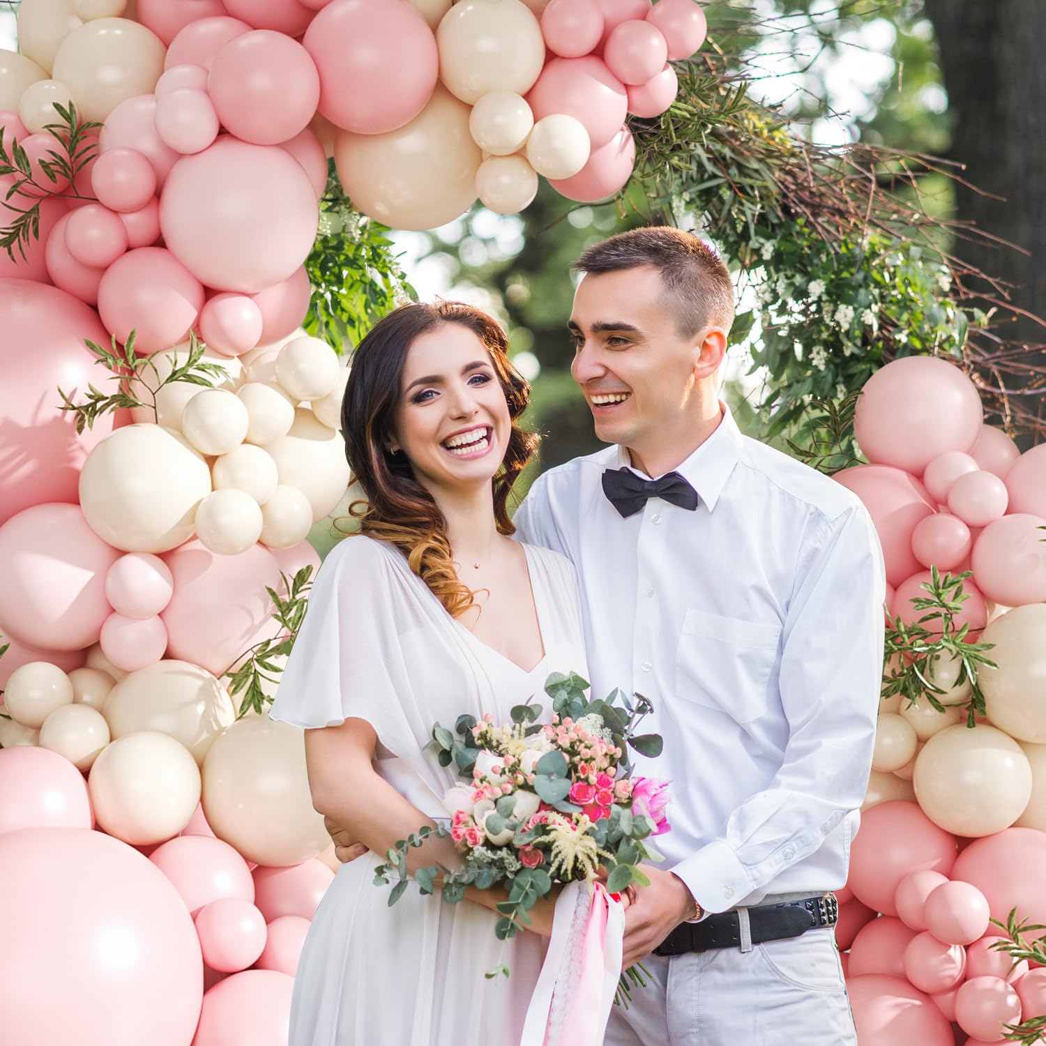 CROSSFINGERS pink and white balloon assortment highlighting the color palette for events.