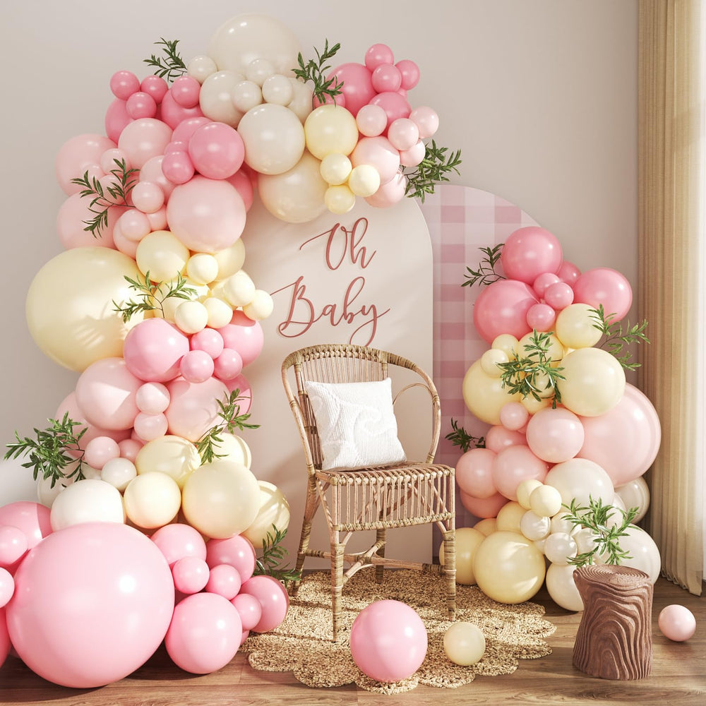 Crossfingers pink and yellow balloon arch kit setup for photos