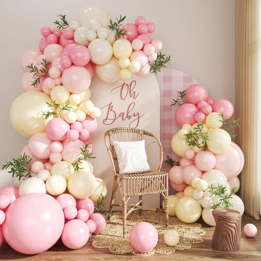 Crossfingers pink and yellow balloon arch kit setup for photos
