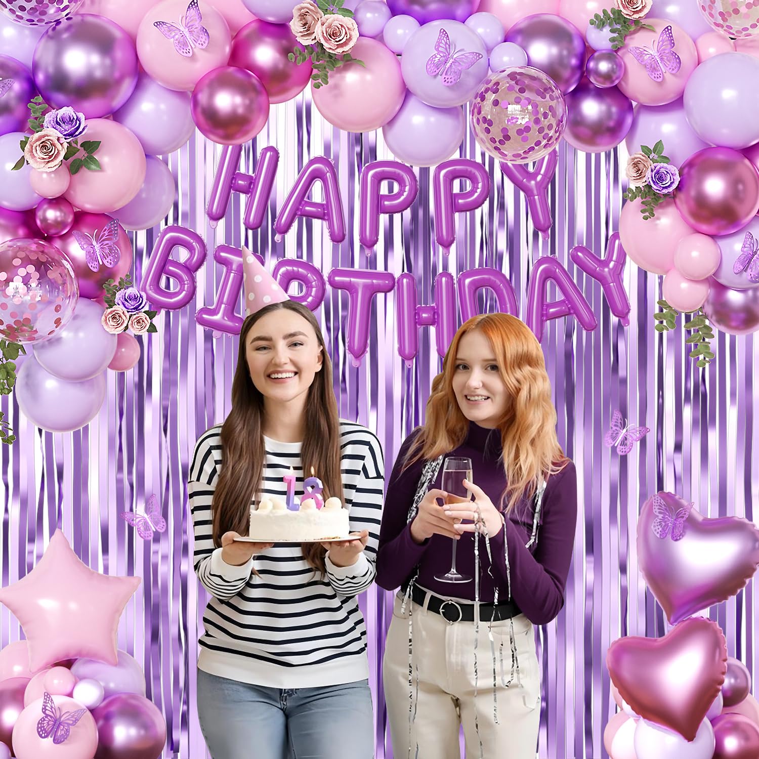 CROSSFINGERS purple happy birthday balloons provide a celebratory centerpiece