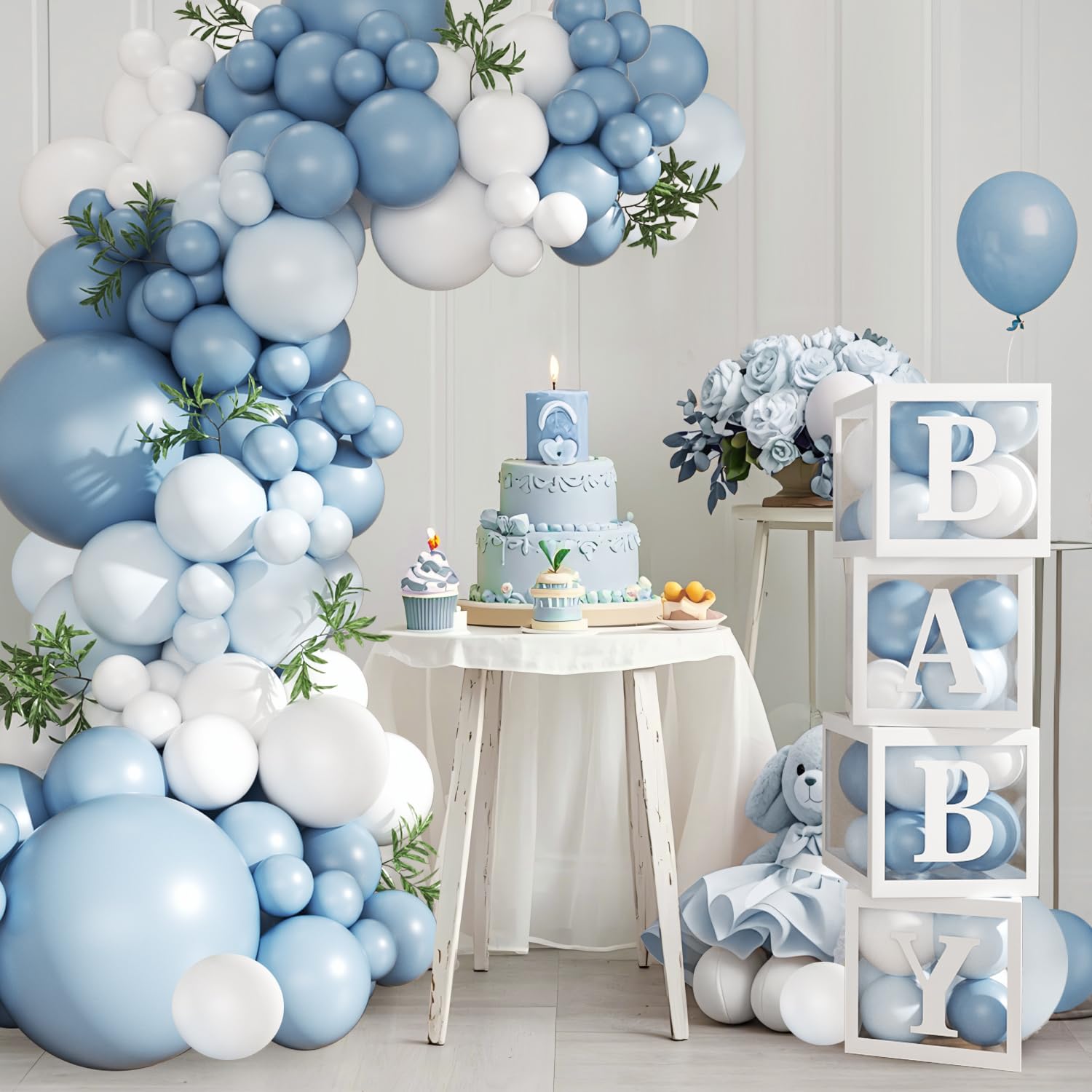 CROSSFINGERS white and dusty blue balloons add clean accents for gender reveals or birthdays.