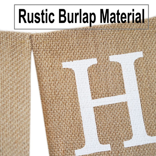 CROWNOS burlap banner close-up showing thick fabric for rustic durability