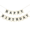 Crownos burlap birthday banner with beige flags and black lettering for rustic parties.