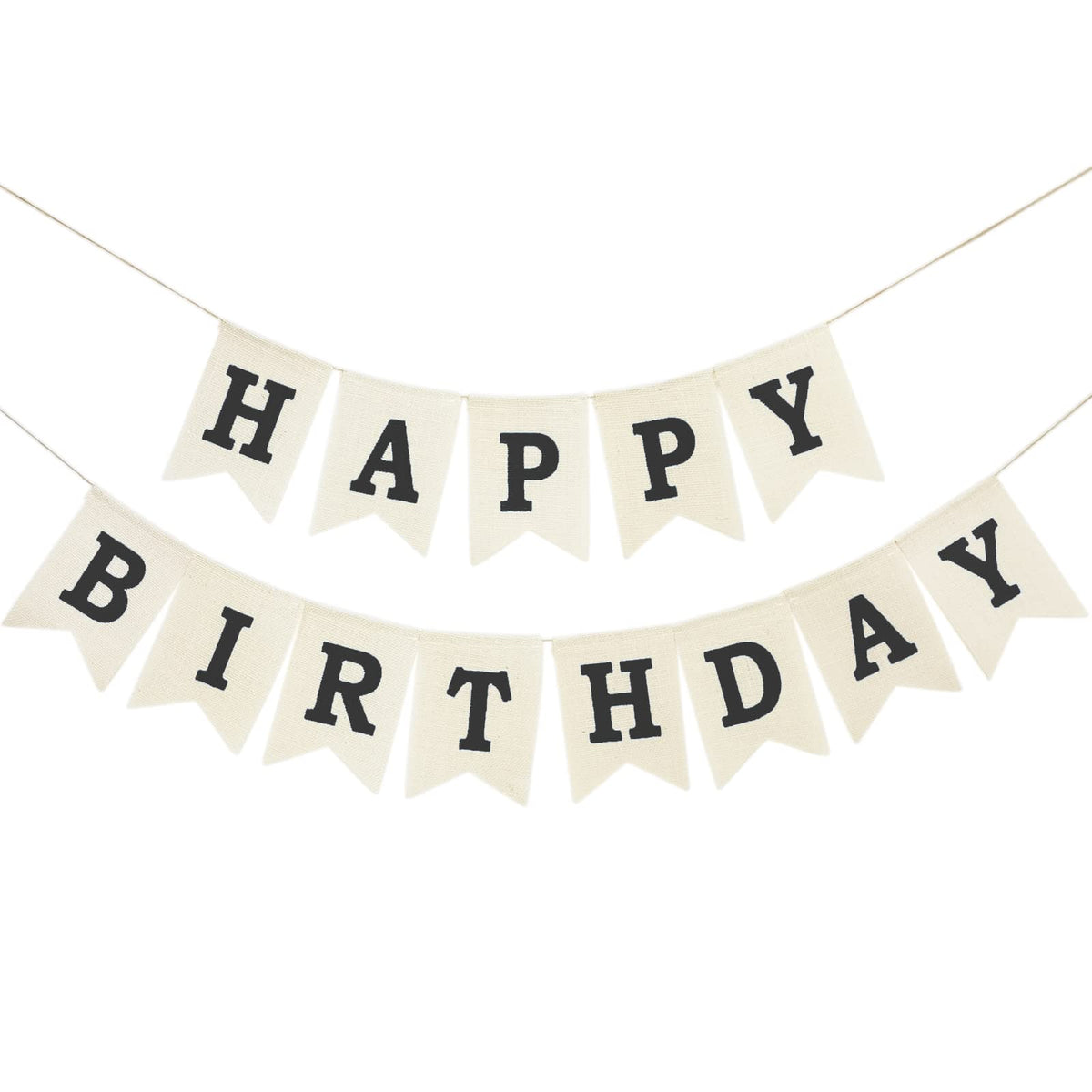 Crownos burlap birthday banner with beige flags and black lettering for rustic parties.