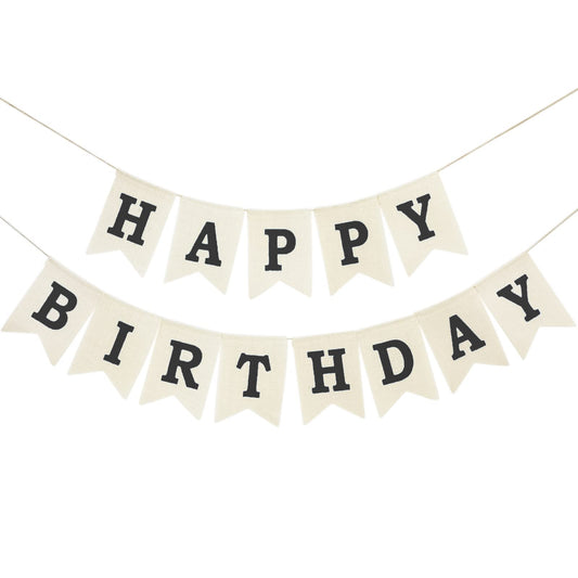 Crownos burlap birthday banner with beige flags and black lettering for rustic parties.