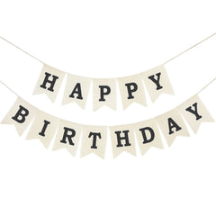 Crownos burlap birthday banner with beige flags and black lettering for rustic parties.