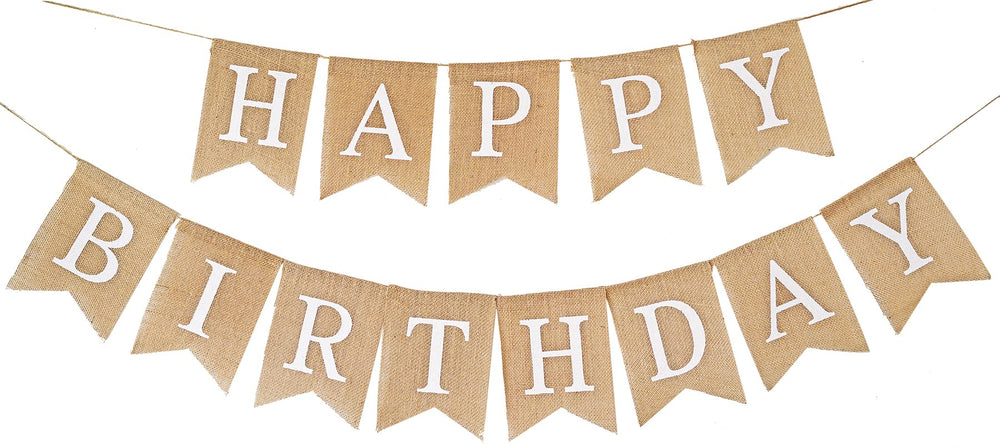 CROWNOS Happy Birthday burlap banner pre-strung for quick party decorating