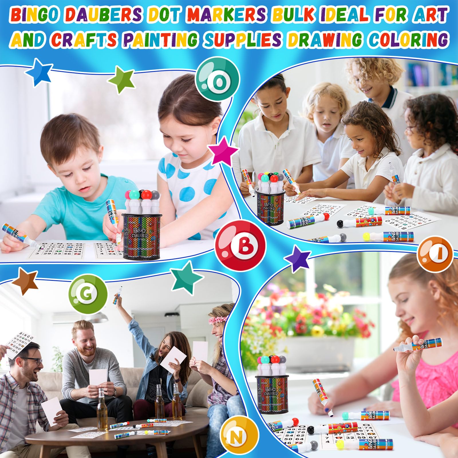 Crtiin bingo night markers decorate cards and classrooms for creative activities.