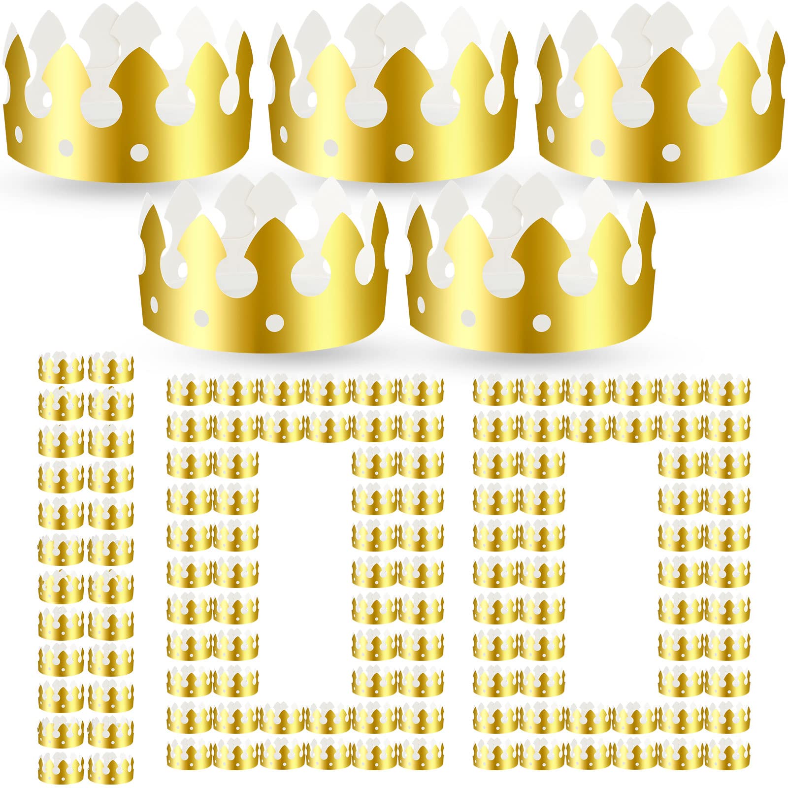 Crtiin gold paper crowns in a bulk pack for easy party setup and decoration.