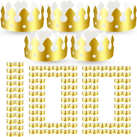 Crtiin gold paper crowns in a bulk pack for easy party setup and decoration.
