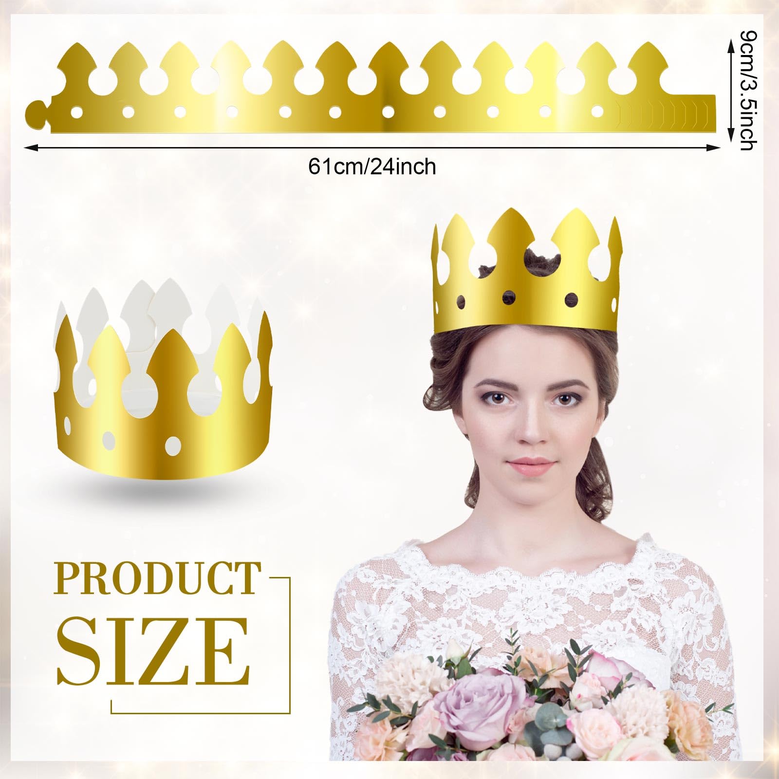 Crtiin gold crowns worn on heads showing comfortable adjustable fit.