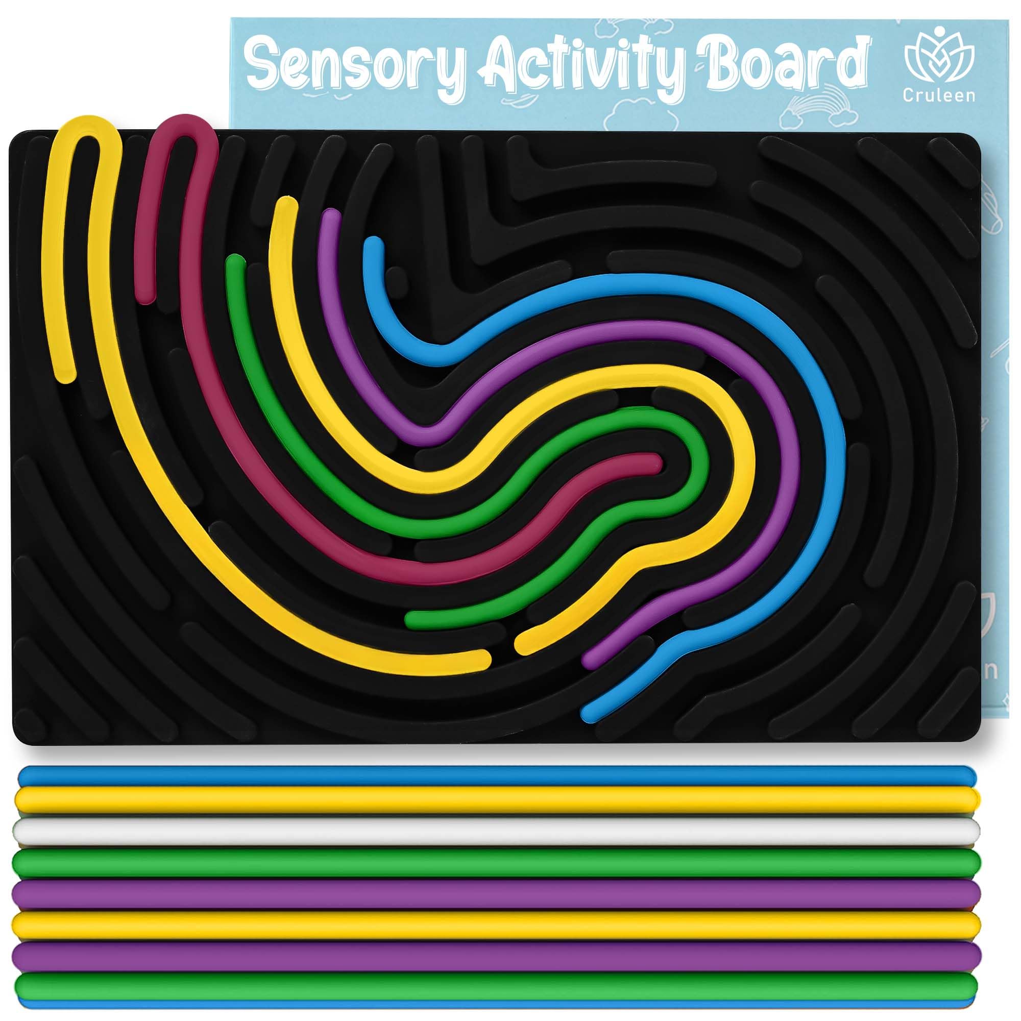 Cruleen sensory board front view with durable silicone textures for calm, screen-free play.