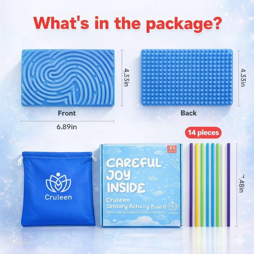 Cruleen Sensory Board compact travel bag enables on-the-go calm during flights.