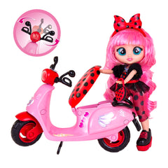 Cry Babies BFF Lady wearing helmet on scooter ensures safe fun.