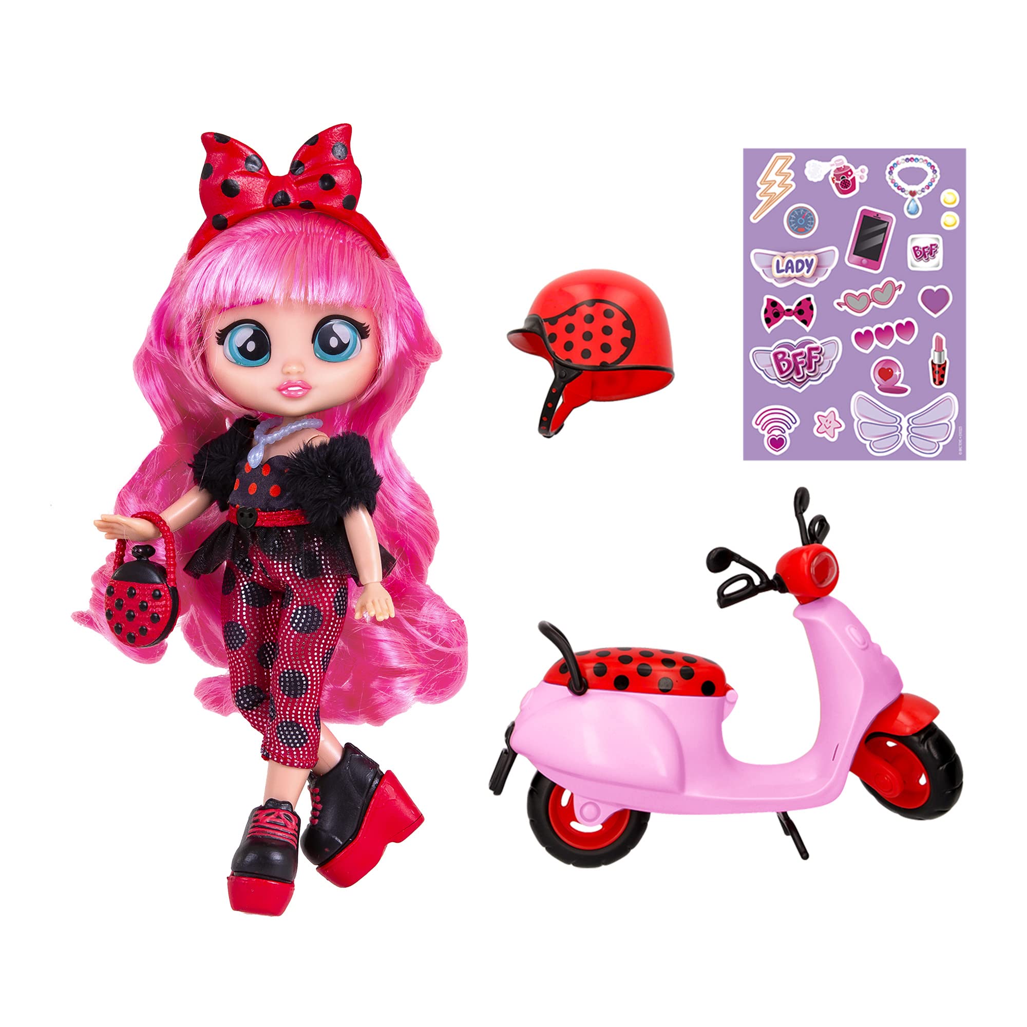 Cry Babies BFF scooter hood stores accessories for tidy play.