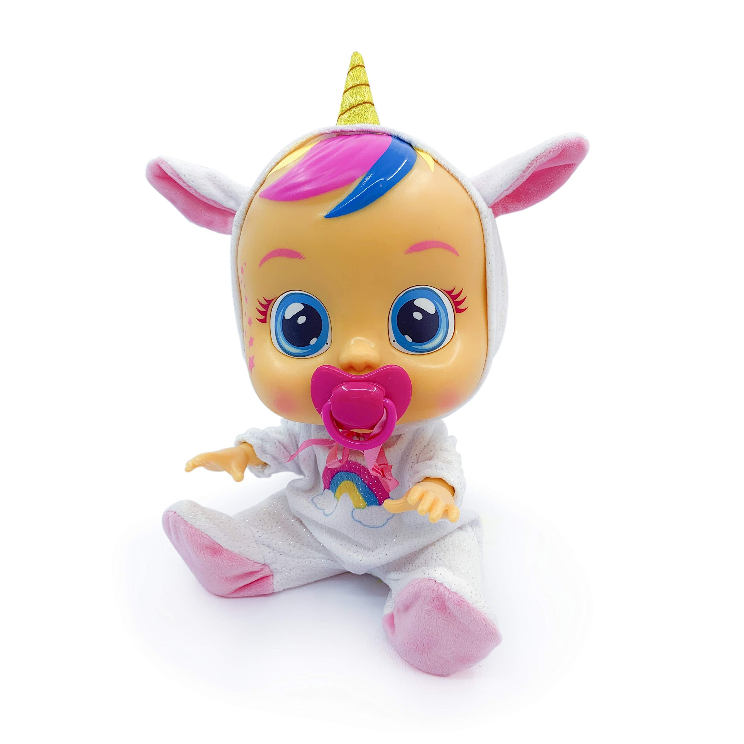 Cry Babies Dreamy Unicorn doll pacifier in mouth for soothing play