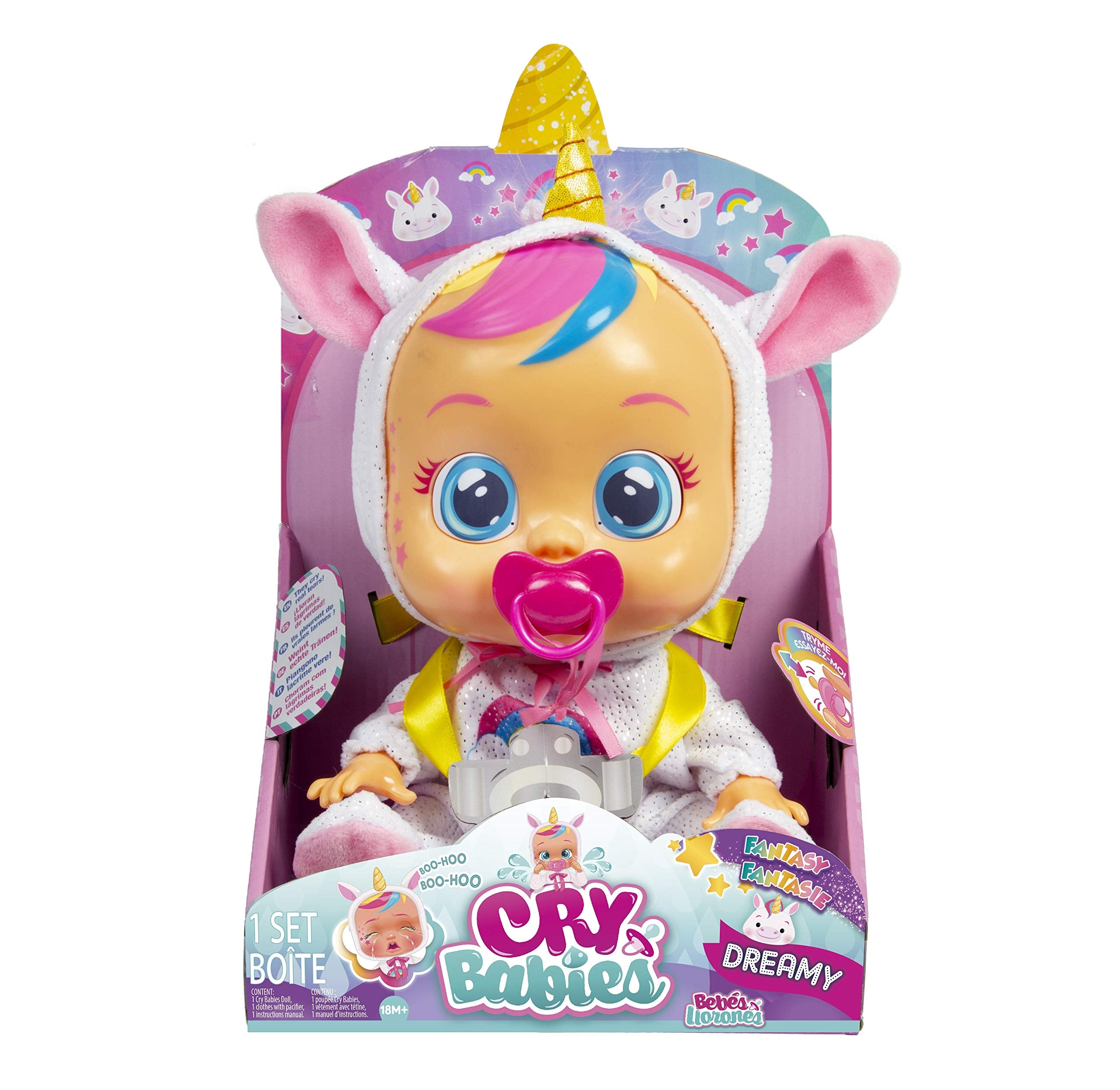 Cry Babies Dreamy Unicorn doll wearing shimmery rainbow pajamas for dress-up