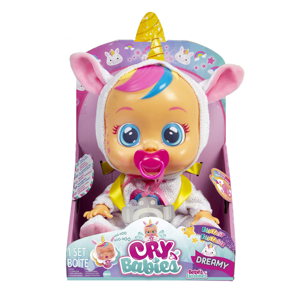 Cry Babies Dreamy Unicorn doll wearing shimmery rainbow pajamas for dress-up