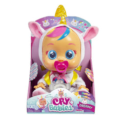 Cry Babies Dreamy Unicorn doll wearing shimmery rainbow pajamas for dress-up