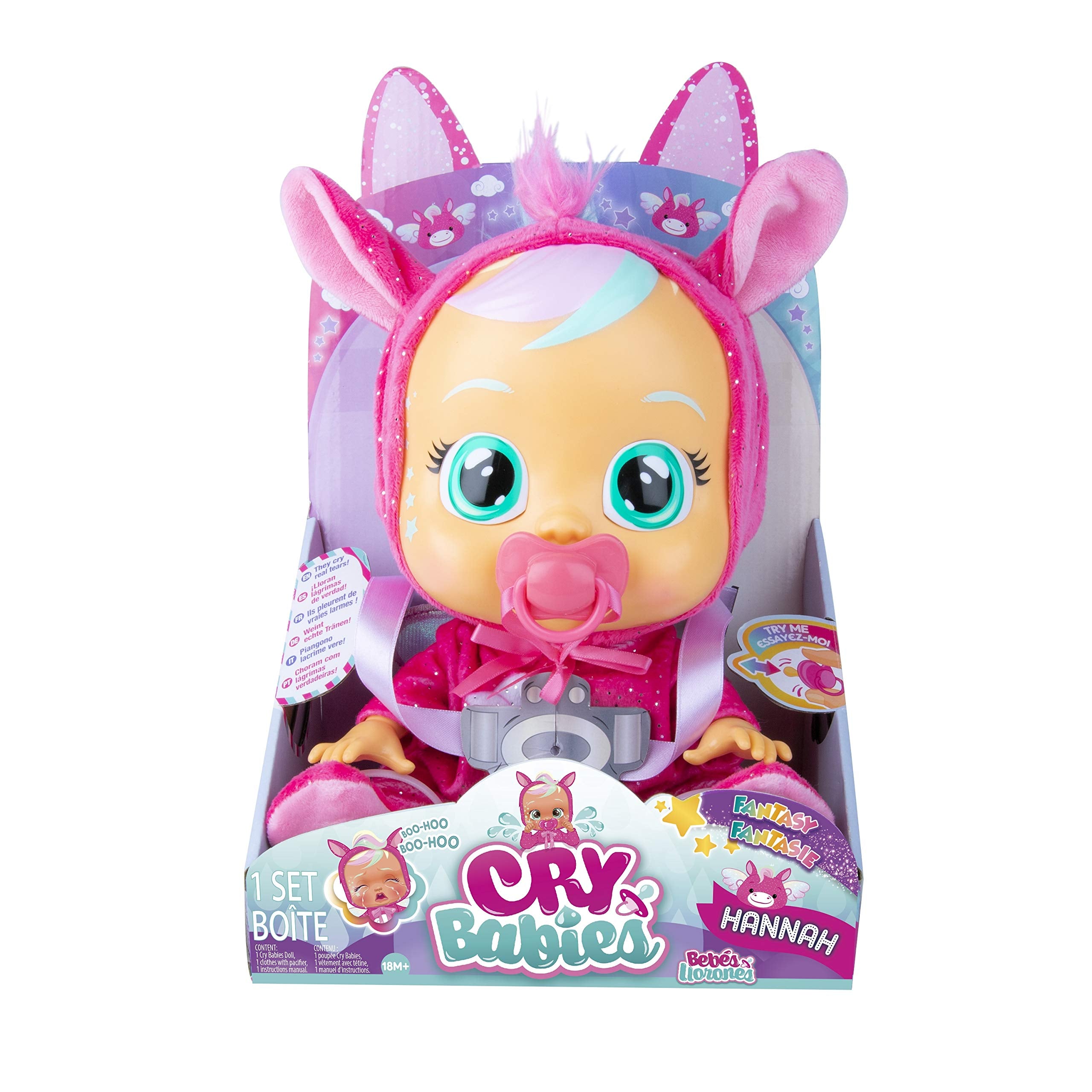 Cry Babies Hannah attached pacifier supports easy soothing during pretend play.