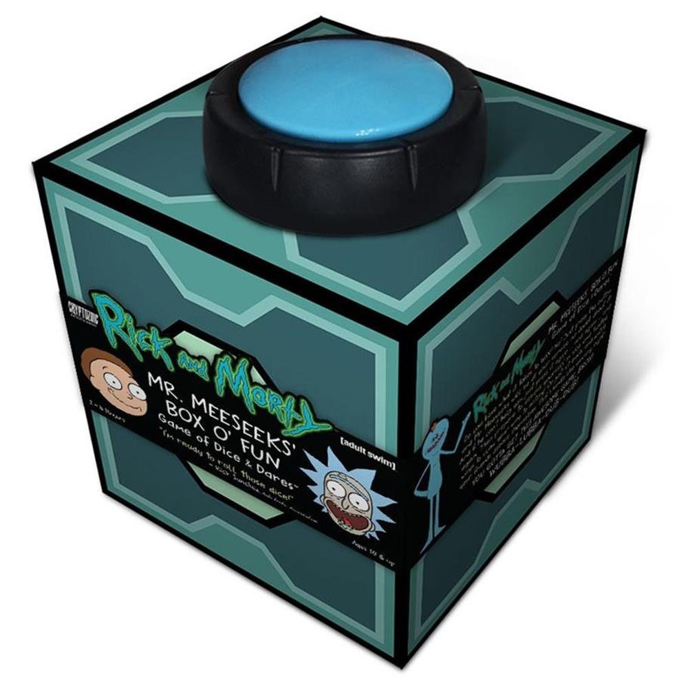 Cryptozoic Mr. Meeseeks Box O' Fun button in action for bold dares.