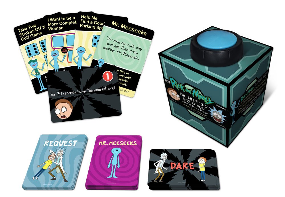Mr. Meeseeks Box O' Fun dice and cards ready for entertaining group challenges.