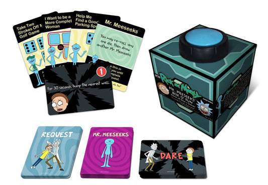 Mr. Meeseeks Box O' Fun dice and cards ready for entertaining group challenges.