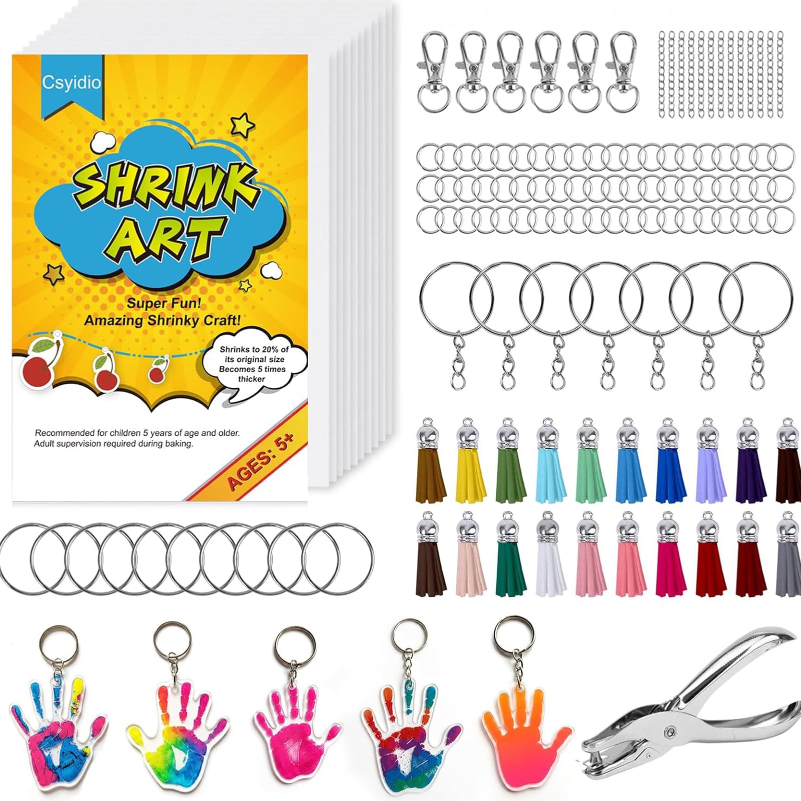 Csyidio shrink dink kit with 20 sheets for colorful DIY keychains.