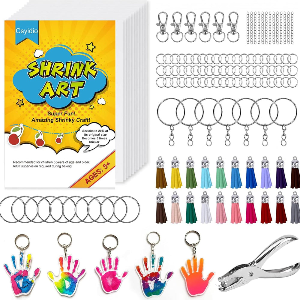 Csyidio shrink dink kit with 20 sheets for colorful DIY keychains.