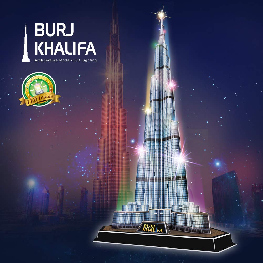 CubicFun Burj Khalifa finished dimensions shown for display planning.