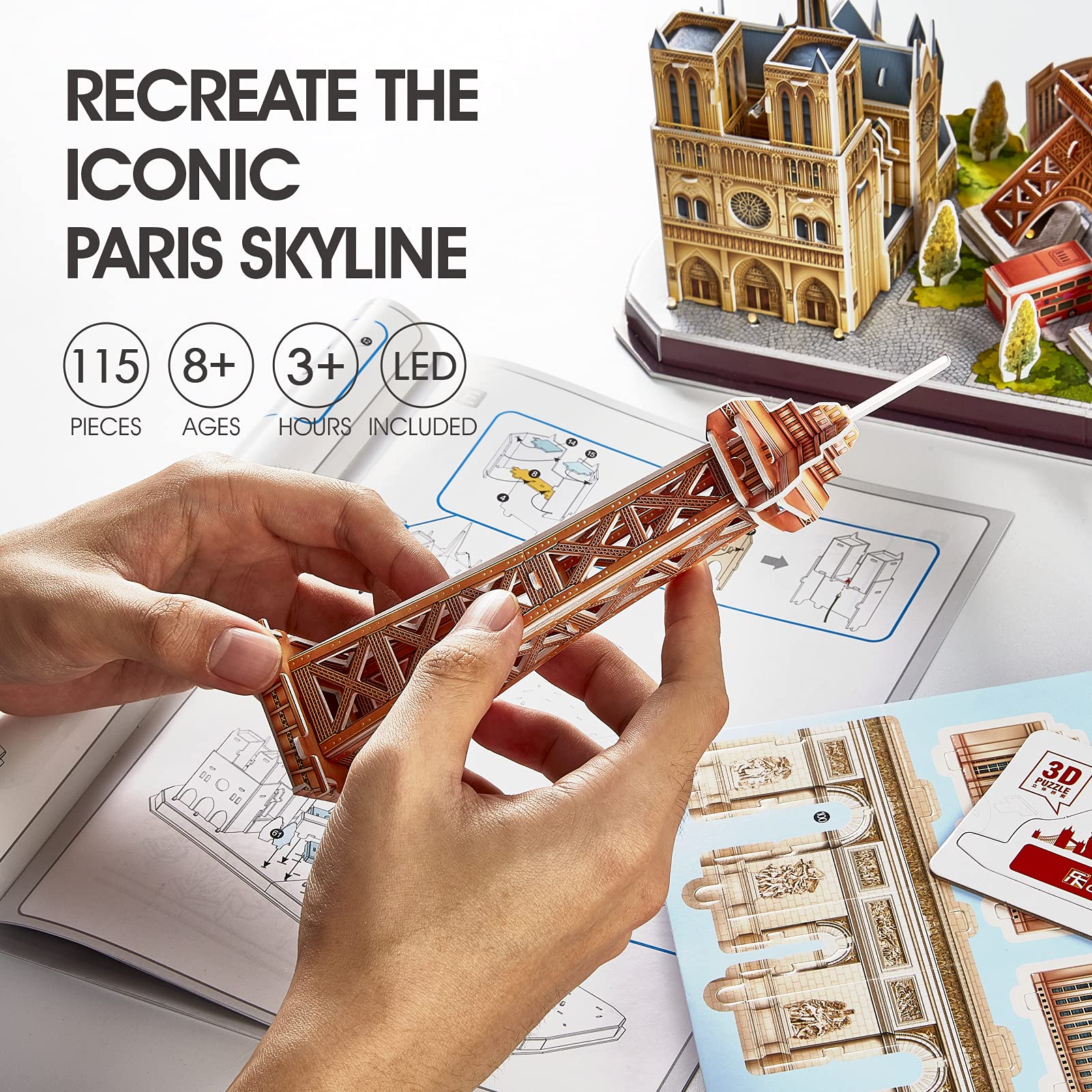 CubicFun LED Paris Night View 3D puzzle showcases illuminated landmarks for a desk display.