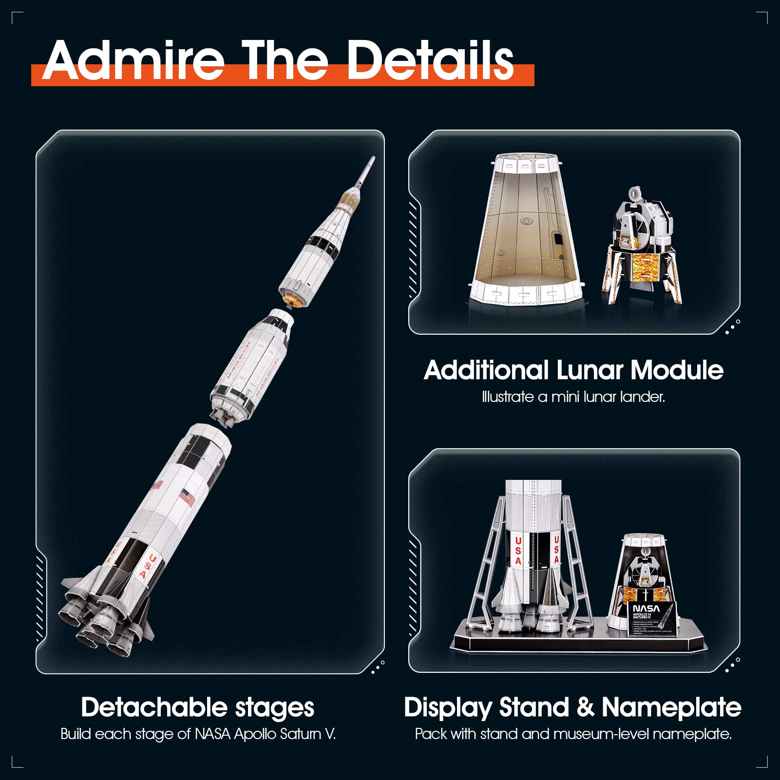 CubicFun NASA Apollo Saturn V puzzle assembly emphasizes learning through hands-on building.