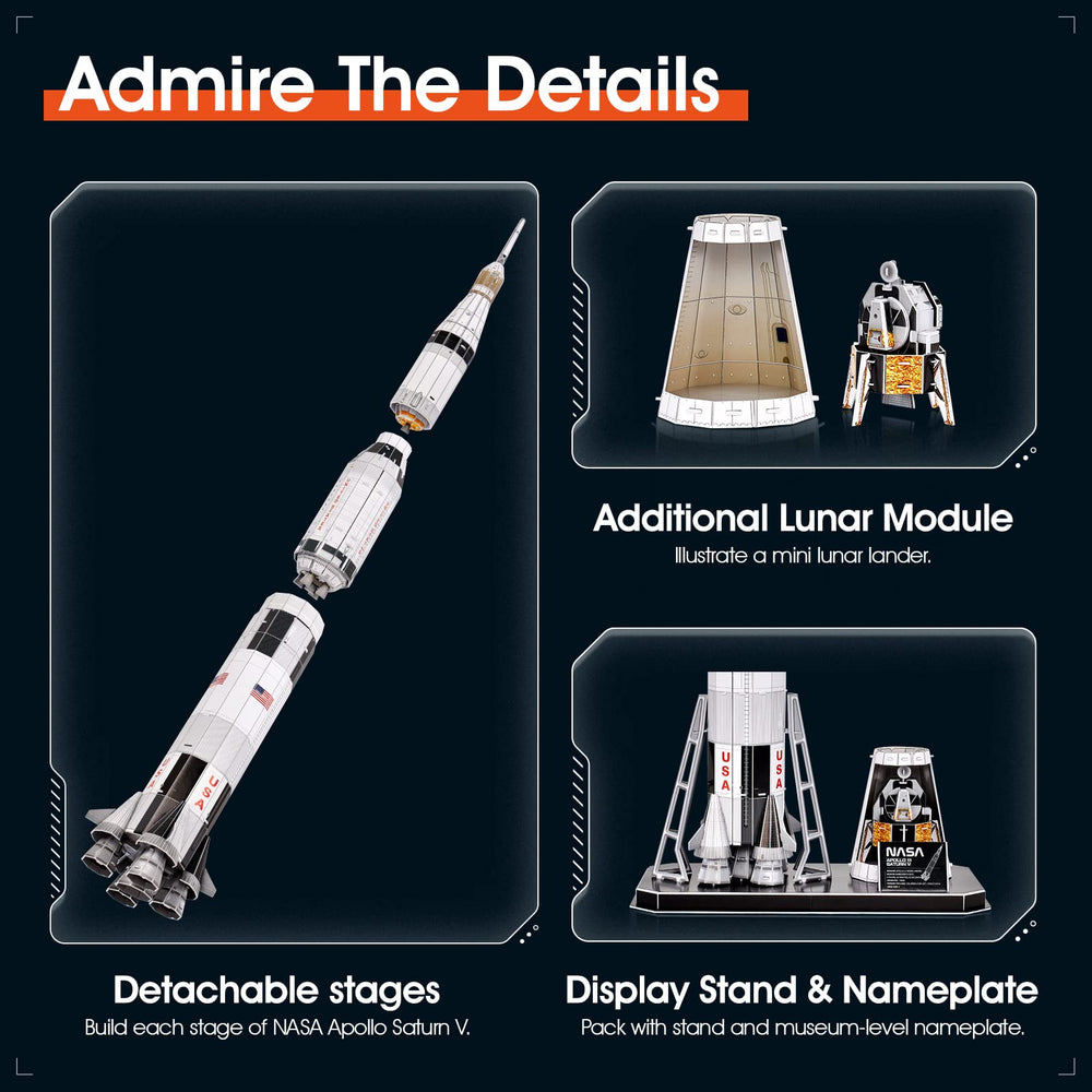 CubicFun NASA Apollo Saturn V puzzle assembly emphasizes learning through hands-on building.