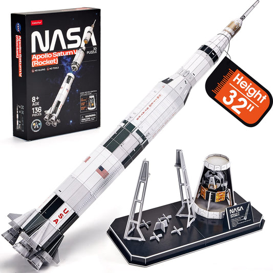CubicFun NASA Apollo Saturn V puzzle front view showcases detailed rocket for home display.
