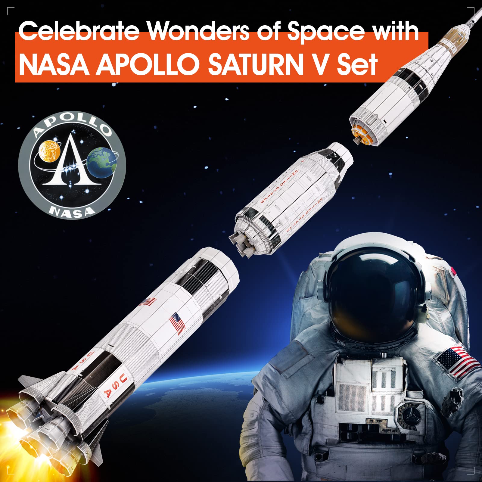 CubicFun NASA Apollo Saturn V puzzle side view highlights authentic stages for educational fun.