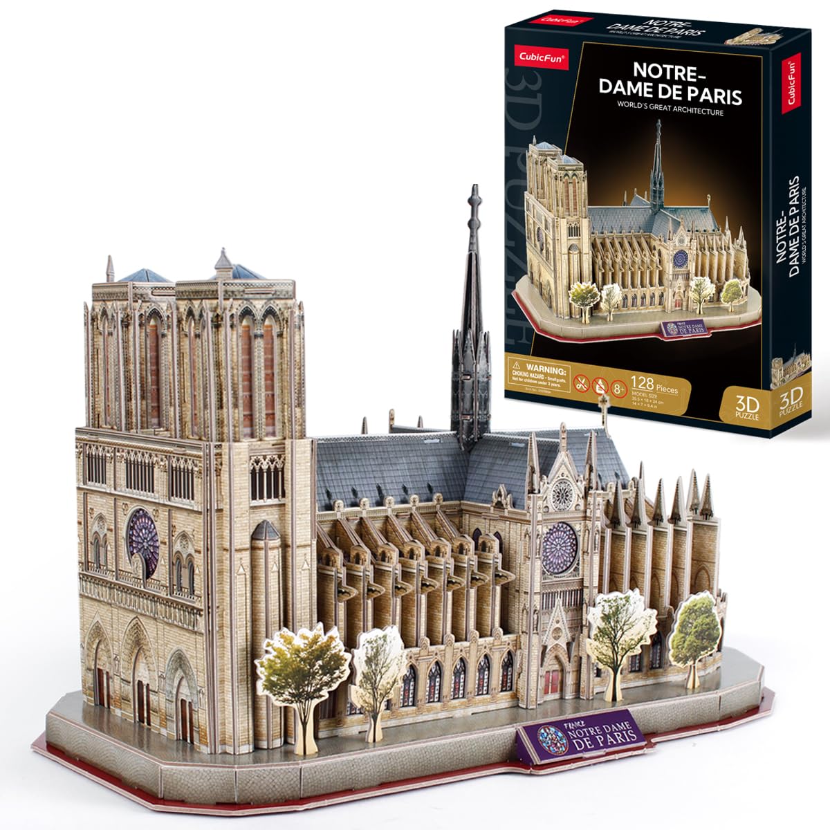 CubicFun Notre Dame Paris 3D puzzle pieces ready for step-by-step assembly to decorate your desk.