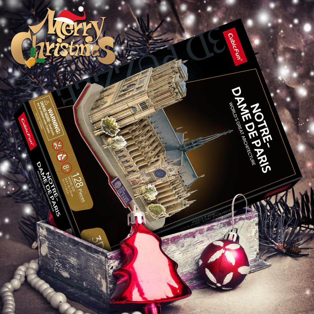 CubicFun Notre Dame Paris 3D model kit shows detailed architectural pieces for display.