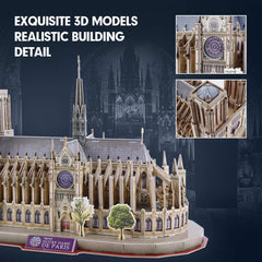 CubicFun Notre Dame Paris 3D puzzle mid-build with intricate facade details.
