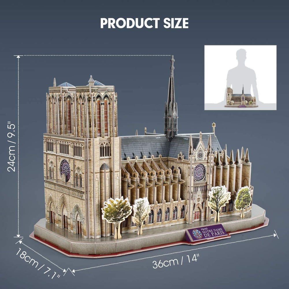 CubicFun Notre Dame Paris 3D puzzle with National Geographic booklet visible.