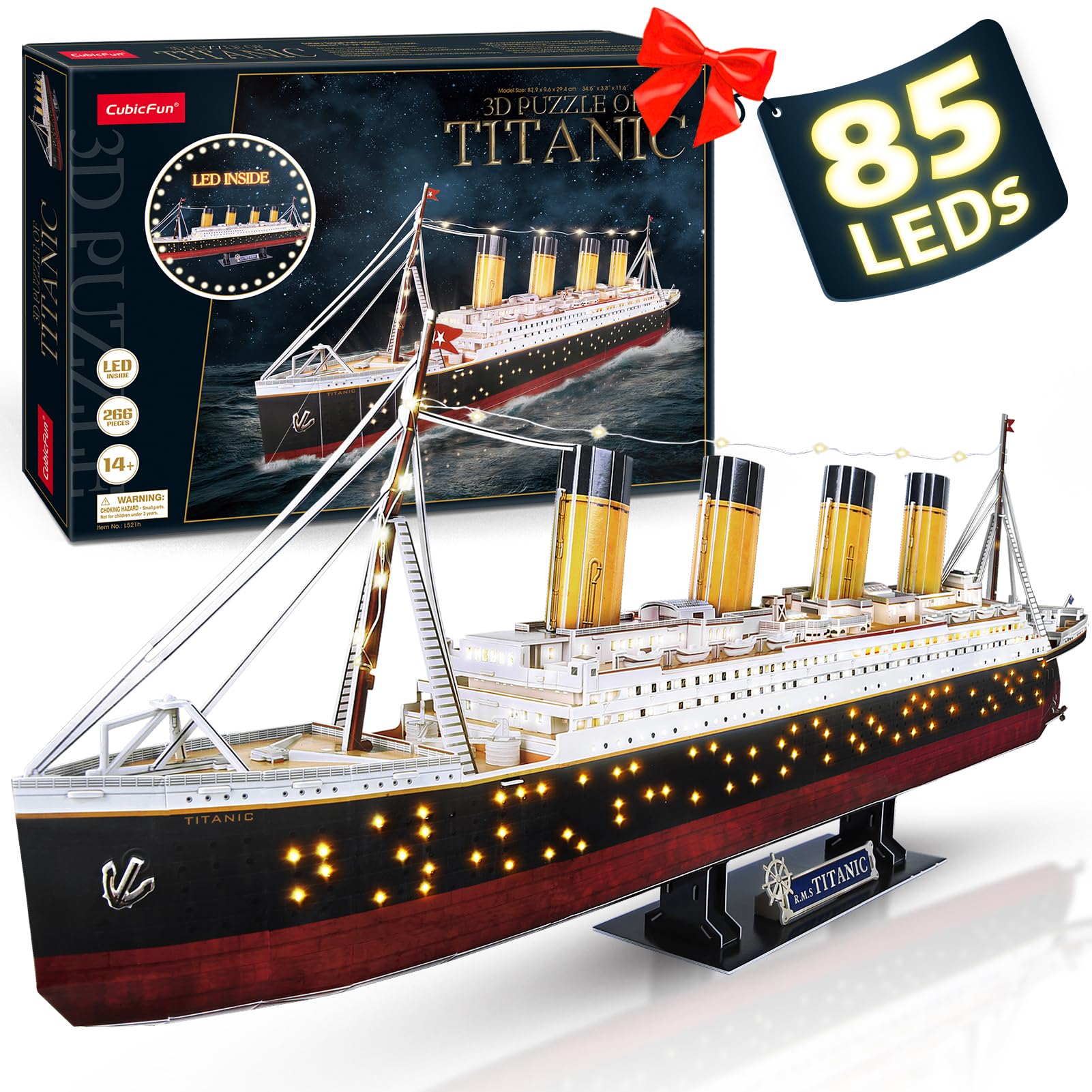 CubicFun Titanic 3D LED puzzle with night lighting for striking display.