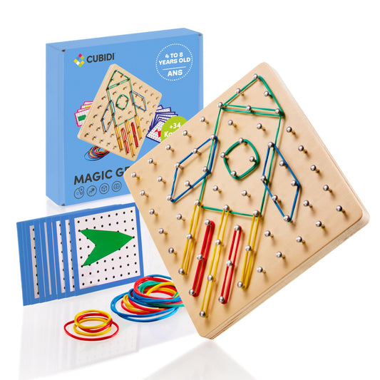 CUBIDI wooden geoboard with rubber bands for creative geometry play and exploration