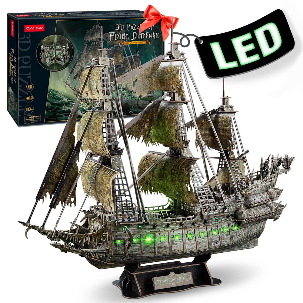 Cubifun Flying Dutchman LED puzzle assembly shows the ship model during assembly and display potential