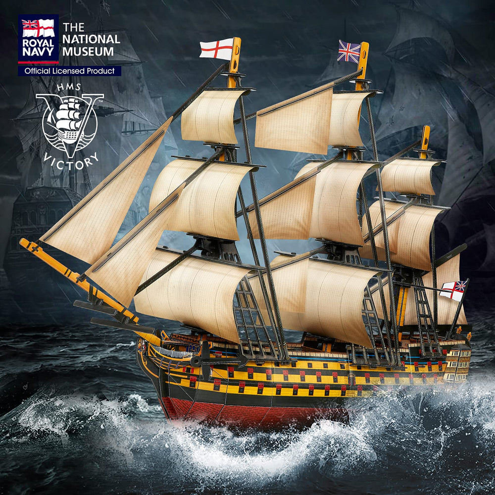 Cubifun HMS Victory on a display stand enhances shelf decor.