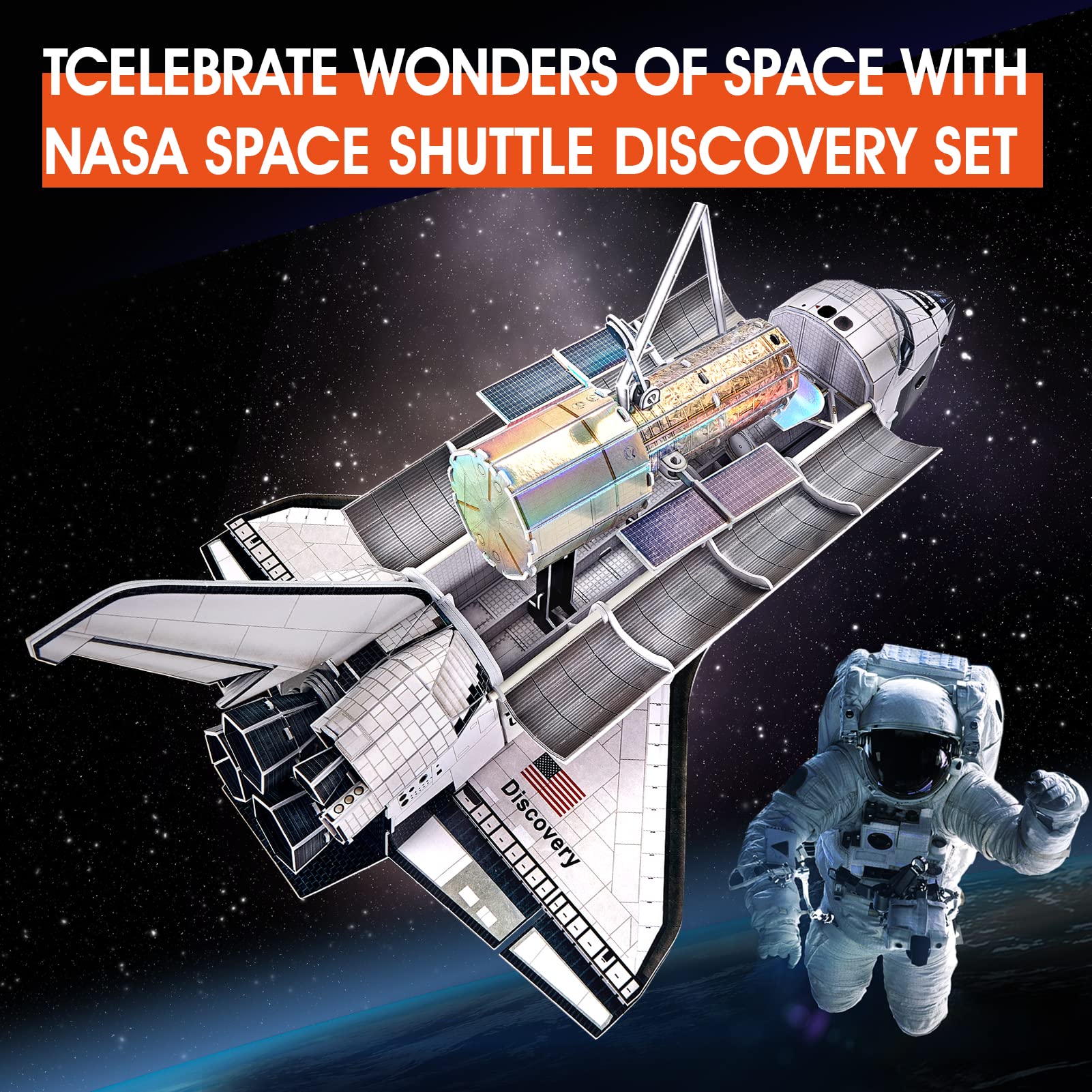 CubicFun NASA Space Shuttle Discovery payload-bay-detail highlights authentic features.