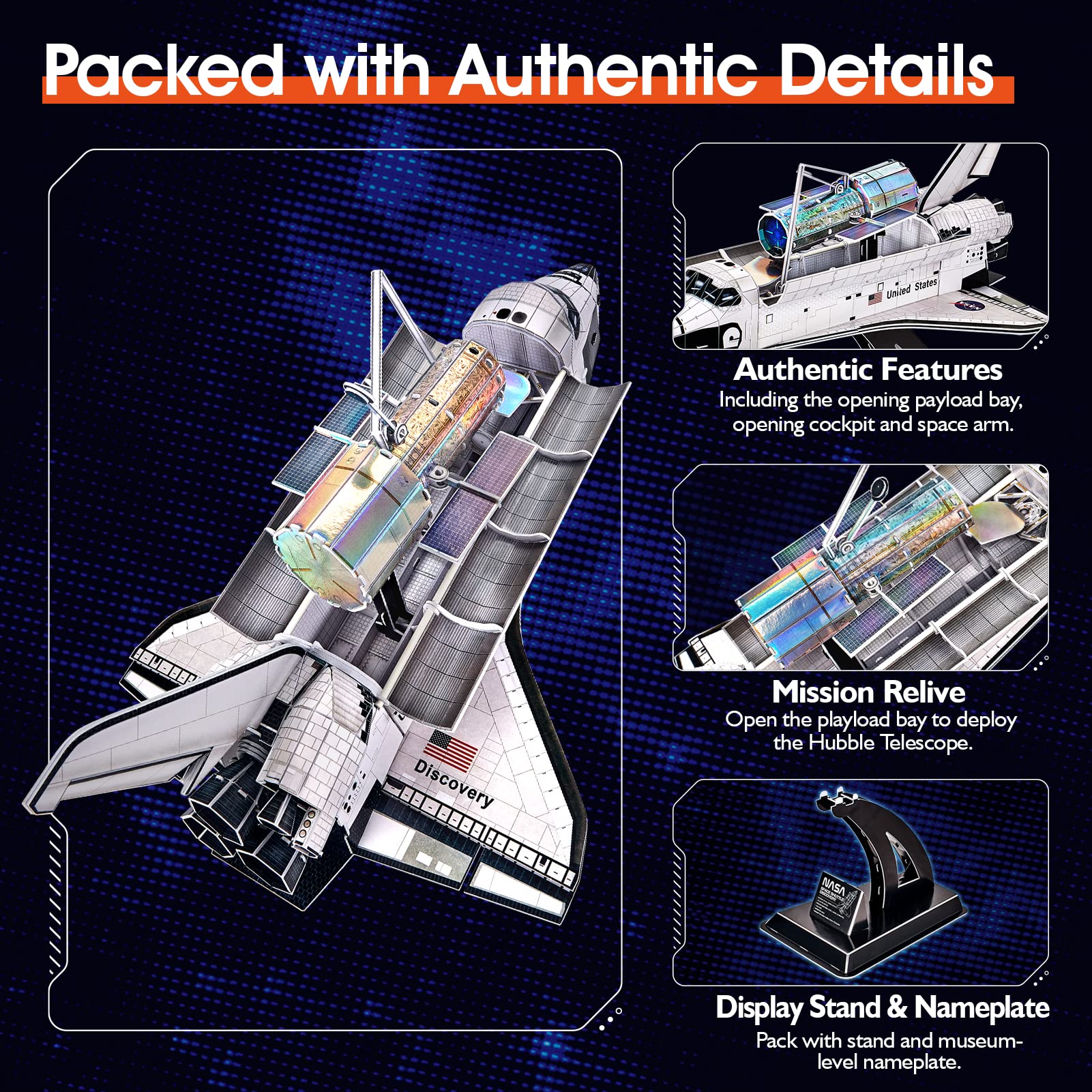 CubicFun NASA Space Shuttle Discovery robotic-arm-deploy close-up for display accuracy.