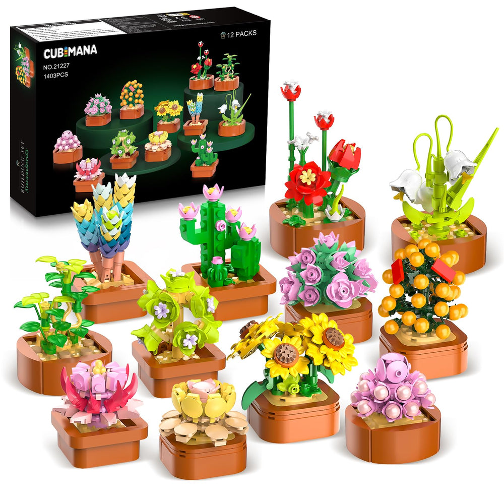 CUBIMANA 12-pack flowers succulents mini building set with terracotta pot for display decor.
