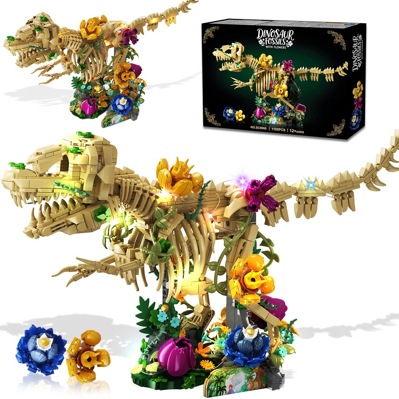 CUBIMANA dinosaur fossil with flowers building set — a striking floral-fossil display for shelves.