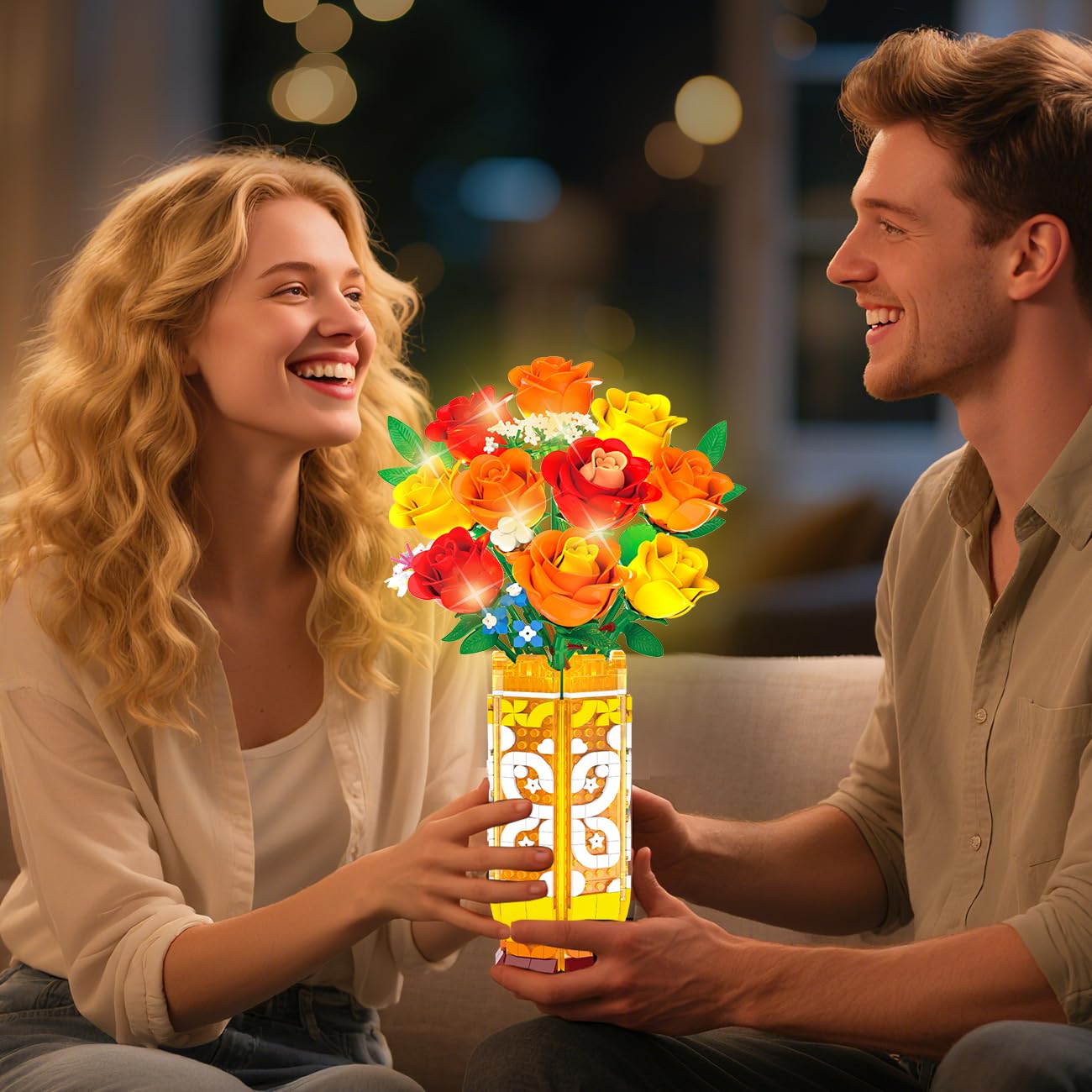 Yellow and orange roses built in blocks create vibrant, lasting color.